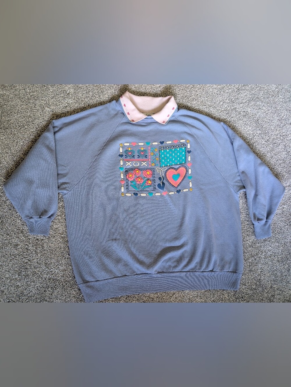 VTG Cottagecore Blue Floral Hearts Grandma Teacher Collared Sweatshirt 2XL USA